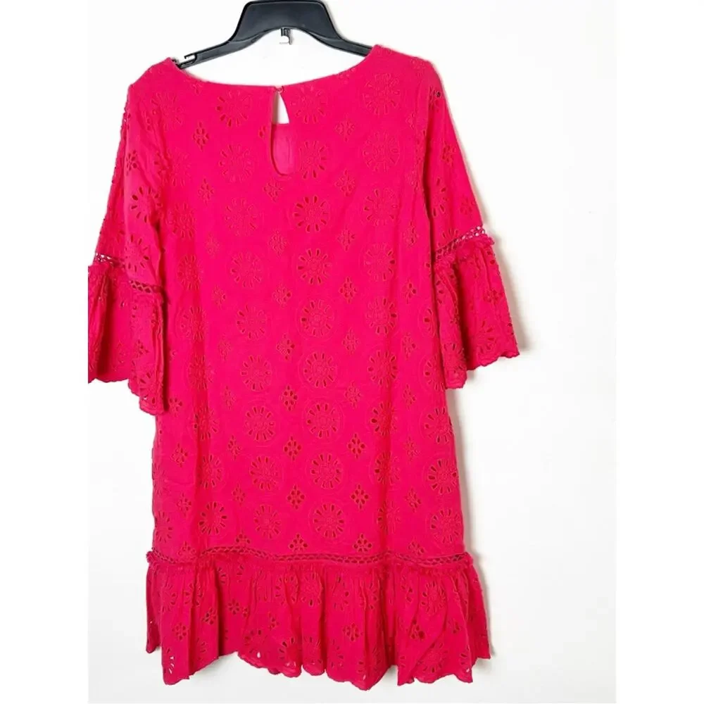NWT SZ 4 Anthropologie Hot Pink Eyelet Ruffle Shift Dress